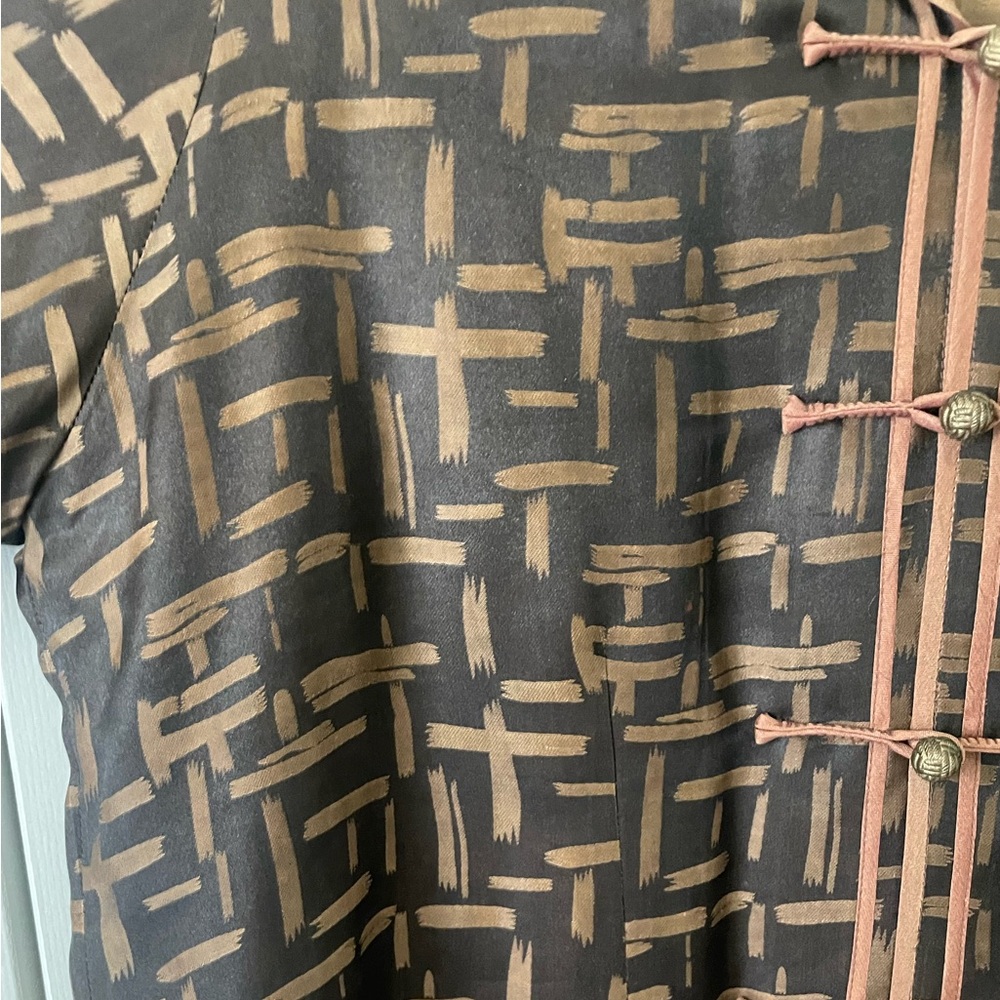 Earthen Silk |  100% Silk Bamboo Print Jacket. Rope Knot Button. Size Large. USA - Picture 4 of 11